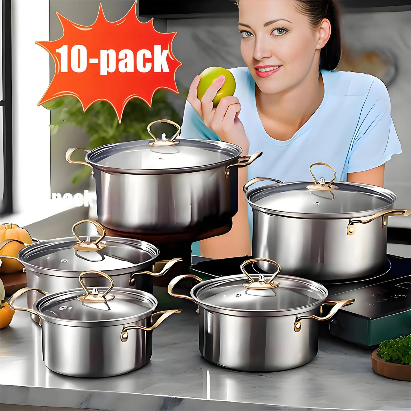 Kitchenware Wholesale Stainless Steel Pot Set 10 Pieces Milk Soup Pot Cooker ware Soup Pot Steamer Gift