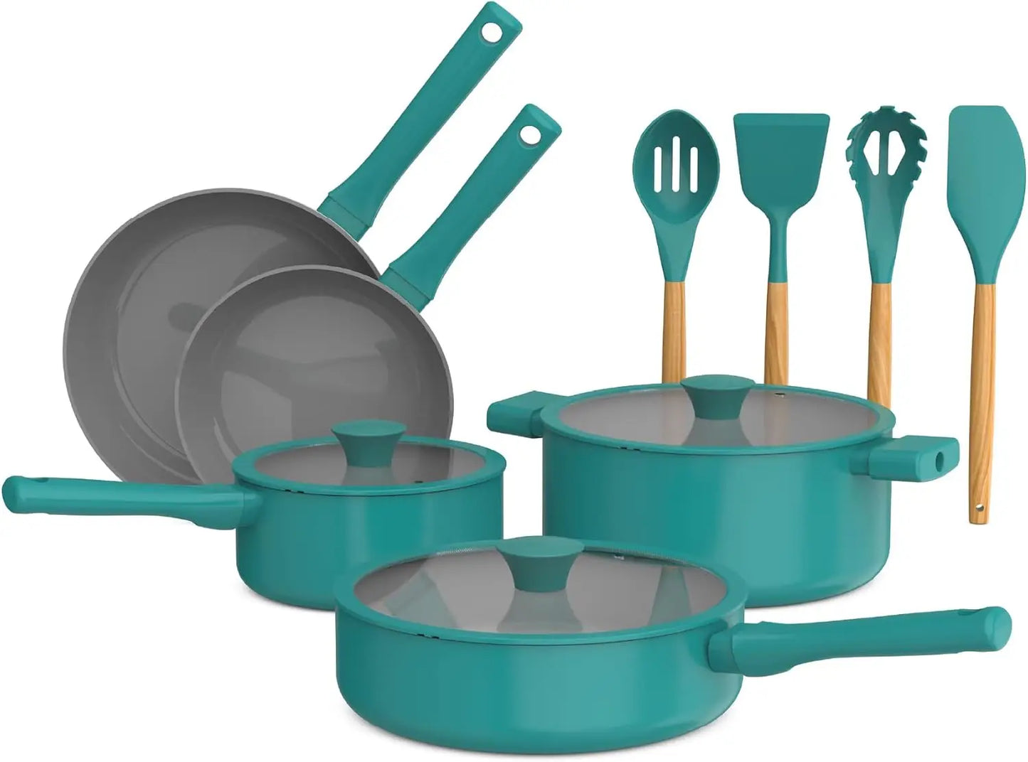 Cookware Set, Ceramic Nonstick Coating, Includes Silicone and Wood Utensils, Dishwasher