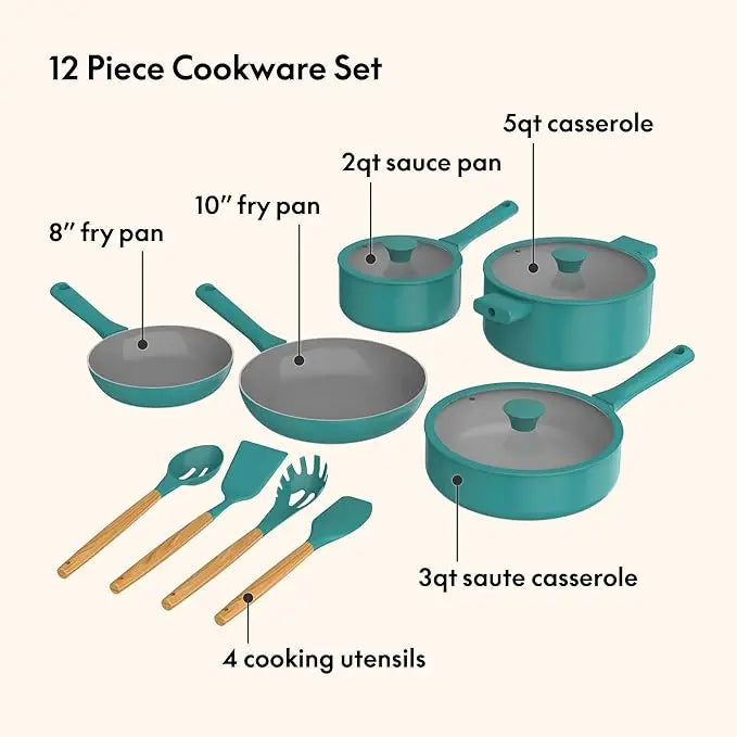 Cookware Set, Ceramic Nonstick Coating, Includes Silicone and Wood Utensils, Dishwasher