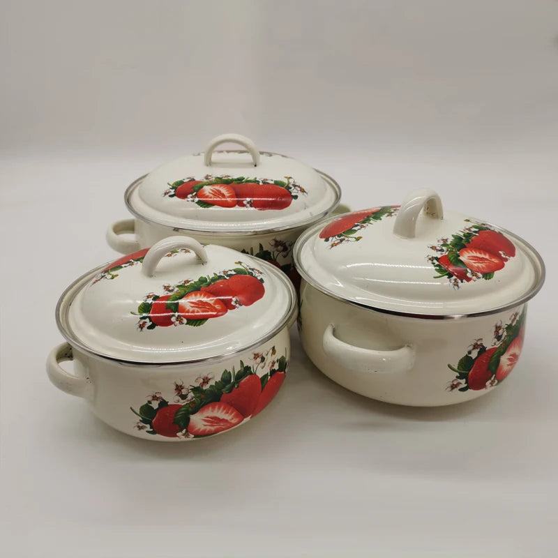 Strawberry Enamel Cookware Set, Stew Pot Set, 16cm, 18cm, 20cm