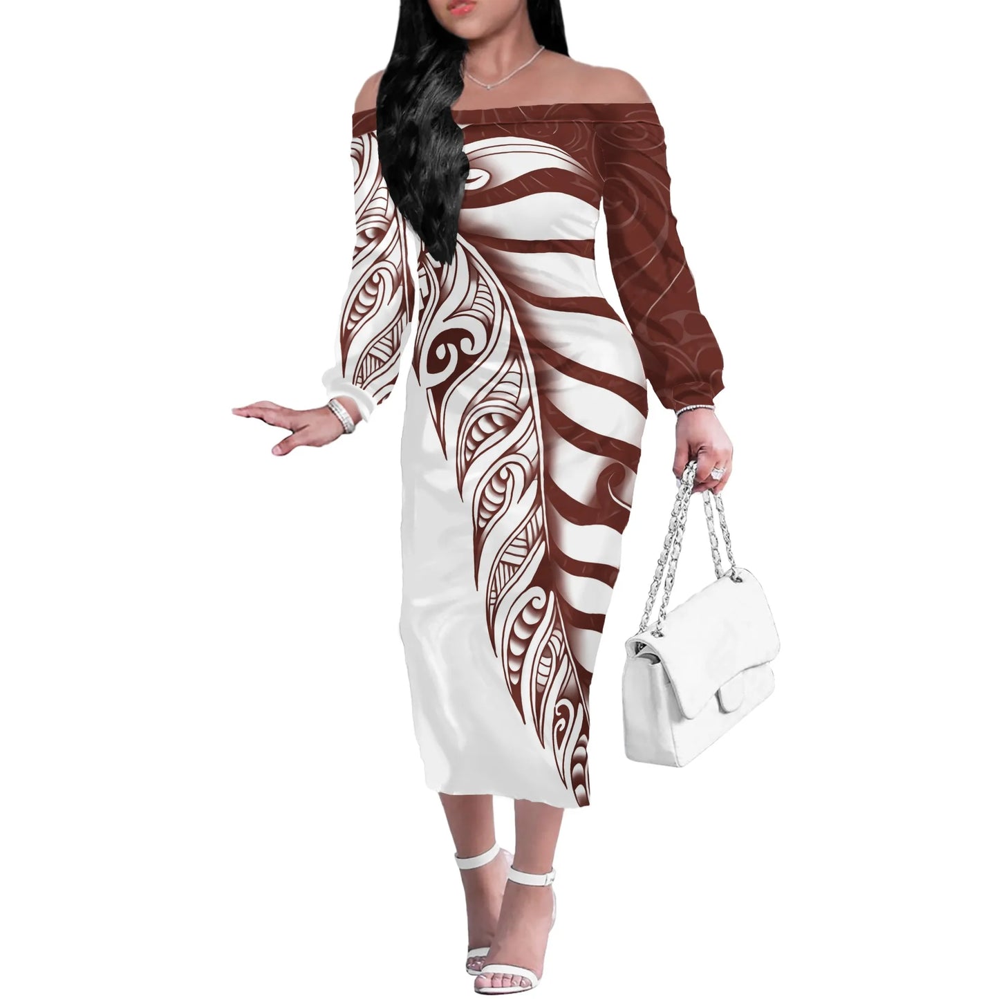 Factory Price Personality Red-black Party Off Shoulder Dress Custom Polynesian Tribal Tattoo Pattern Large Size 4XL Sexy Dress