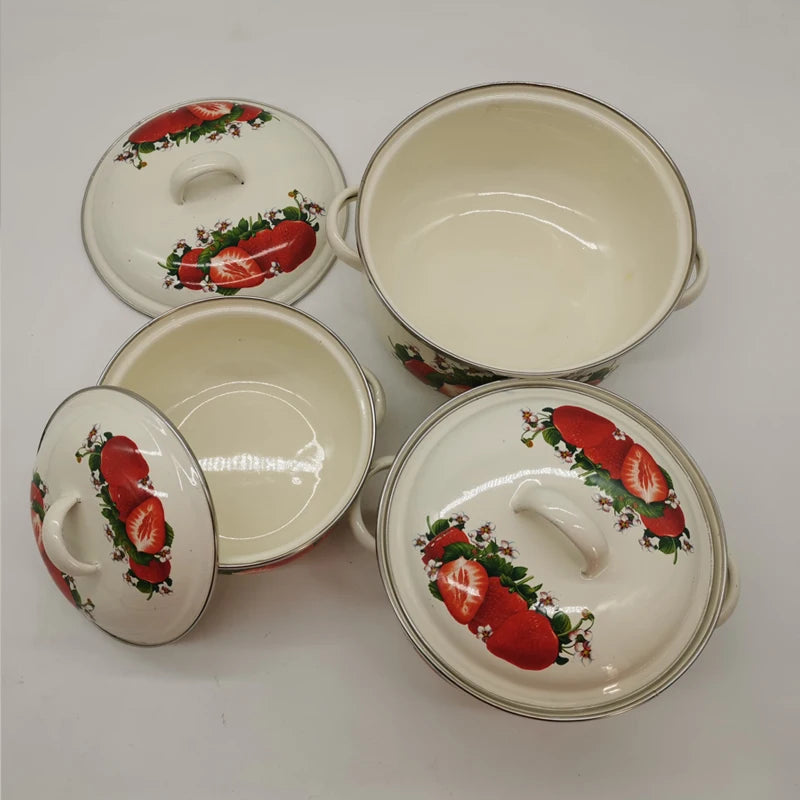 Strawberry Enamel Cookware Set, Stew Pot Set, 16cm, 18cm, 20cm