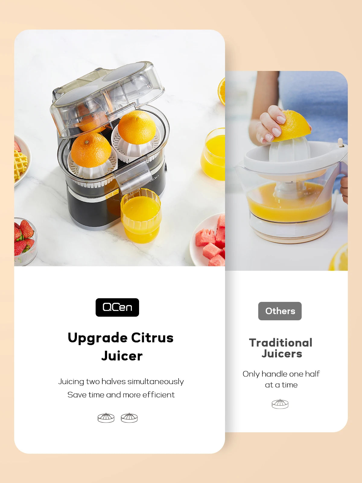 Electric Citrus Juicer, Automatic Dual Orange and Lemon Squeezer with Built-In Citrus Slicer, Easy to Clean,
