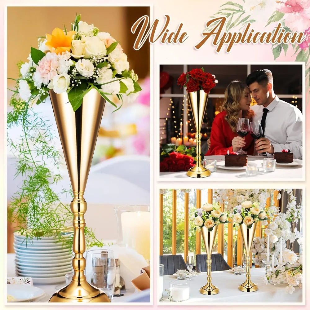 Tall Gold Vase Wedding Flower Trumpet Vase Tabletop Stand Table Decorative