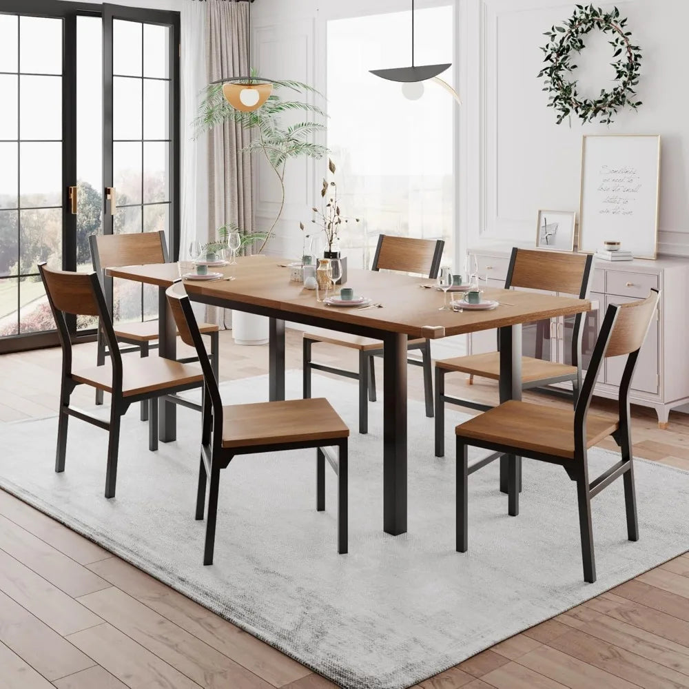 7-Piece Dining Room Table Set with 6 Chairs, 63" Extendable Dining Table & Chairs Set for 4-6, MDF Board & Metal Frame, Dinette