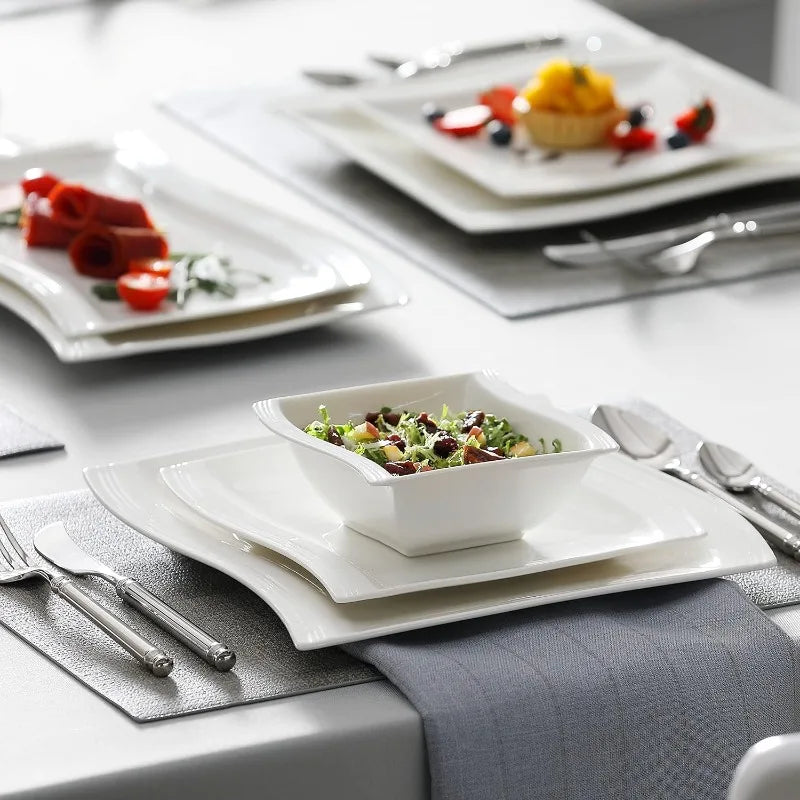 Porcelain Dinnerware Sets, Modern Square Dinner Set Plates and Bowls for Dessert, Salad and Pasta,