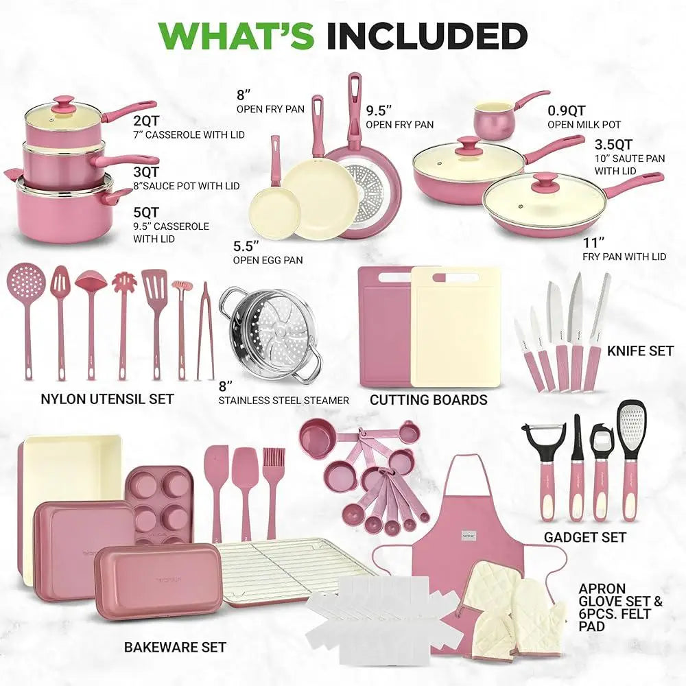 Complete Kitchen Cookware Set Non Stick Ceramic Pots Pans Utensils Bakeware Knife Cutting Boards All Cooktops