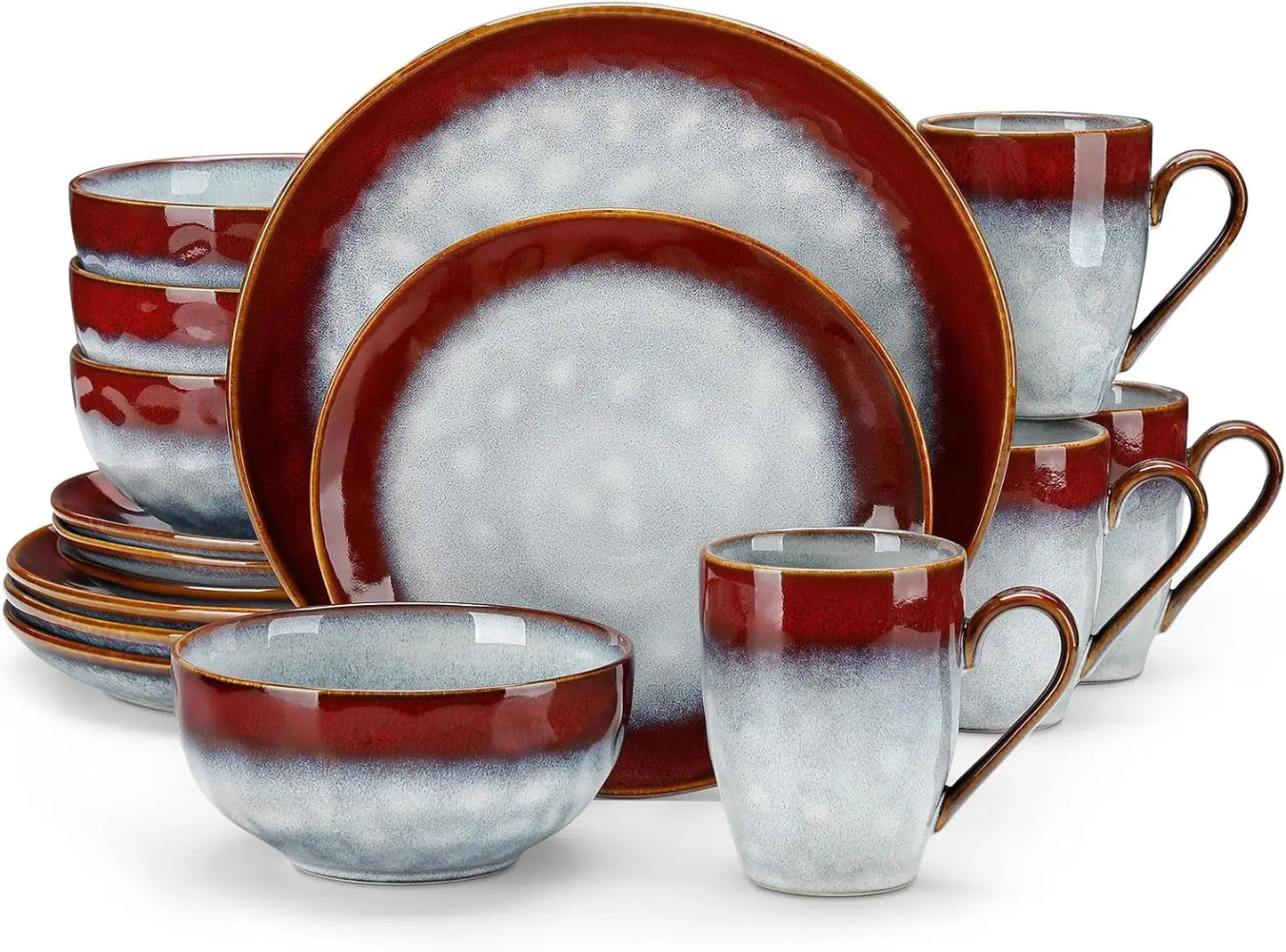 Red Dinnerware Set, Reactive Glaze Dinner Sets, Plates and Bowls Set for 4, 16 Pcs Ceramic Dish Set Stoneware