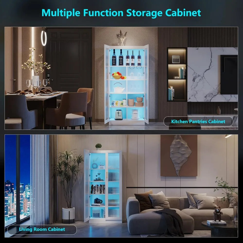 Storage Cabinet with LED Lights, Tall Bookcase Modern Bookshelf White Display Curio Cabinet with 2 Doors and 5-Tier Shelves