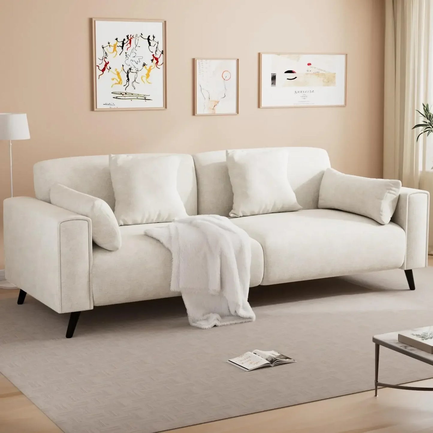 Sofa Couch for Living Room, Modern Comfy Sofa with Extra Depth Seat and 2 Throw Pillow