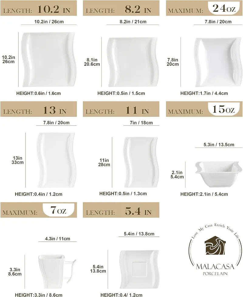 Porcelain Dinnerware Sets, Modern Square Dinner Set Plates and Bowls for Dessert, Salad and Pasta,