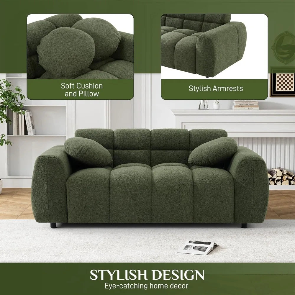 Tufted Upholstered Teddy 2 Seater Loveseat Sofa with 2 Pillows, Cozy Sherpa Deep Seat Cloud Couch