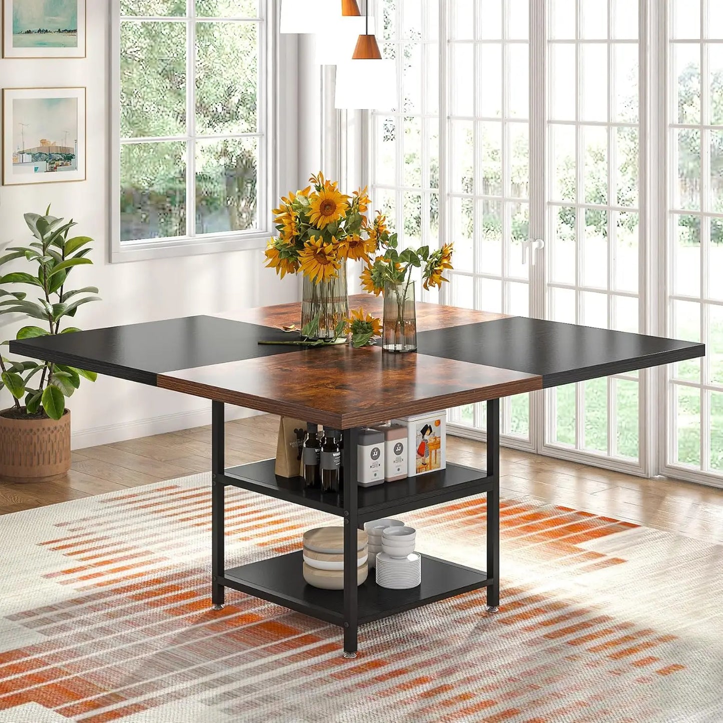 Wood Kitchen Table Large Dinner Table with Storage Shelf Metal Legs for Home Dining Room