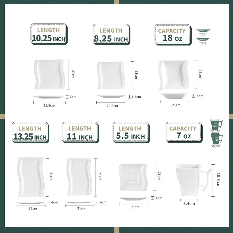 Porcelain Dinnerware Sets, Modern Square Dinner Set Plates and Bowls for Dessert, Salad and Pasta,