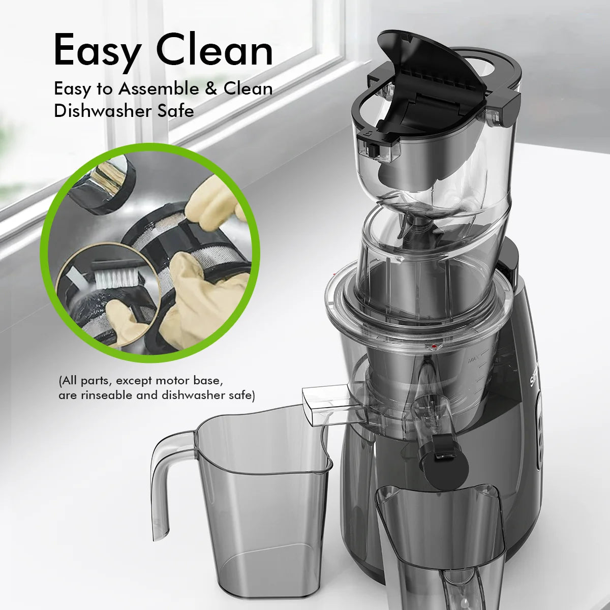 SiFENE Cold Press Juicer Machine, Large 3.3in Feed Chute, High Juice Yield, Quiet Operation, Easy to Clean, Gray