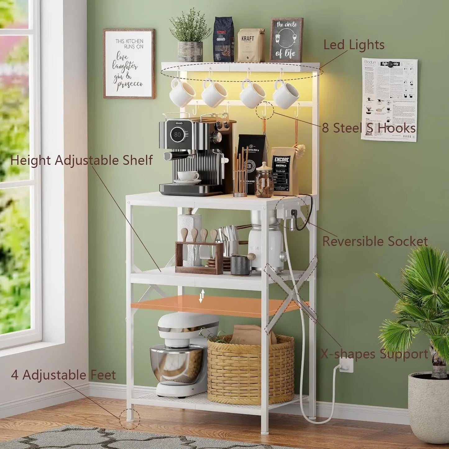 Kitchen Bakers Rack with Power Outlet & LED Lights 4 Tiers Microwave Stand with 8 Hooks Coffee Station