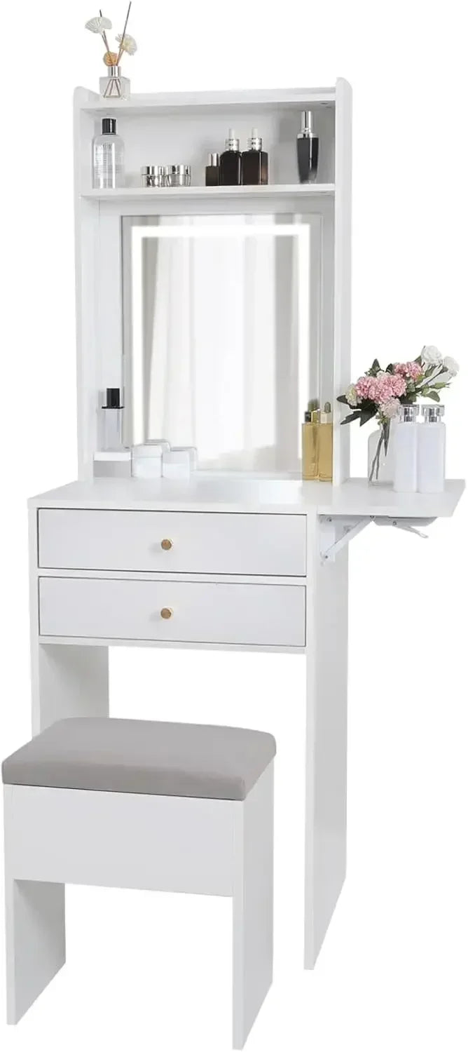 Vanity Desk Set with Adjustable Lighted Mirror and Storage Chair, Makeup Vanity Table for Small Space