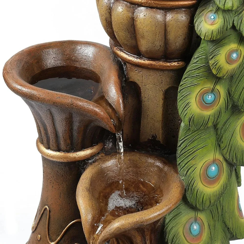 44" Resin Pedestal Peacock and Urns Garden Water Fountain Outdoor with LED Light, Tall Fountains Outdoor for Garden Patio