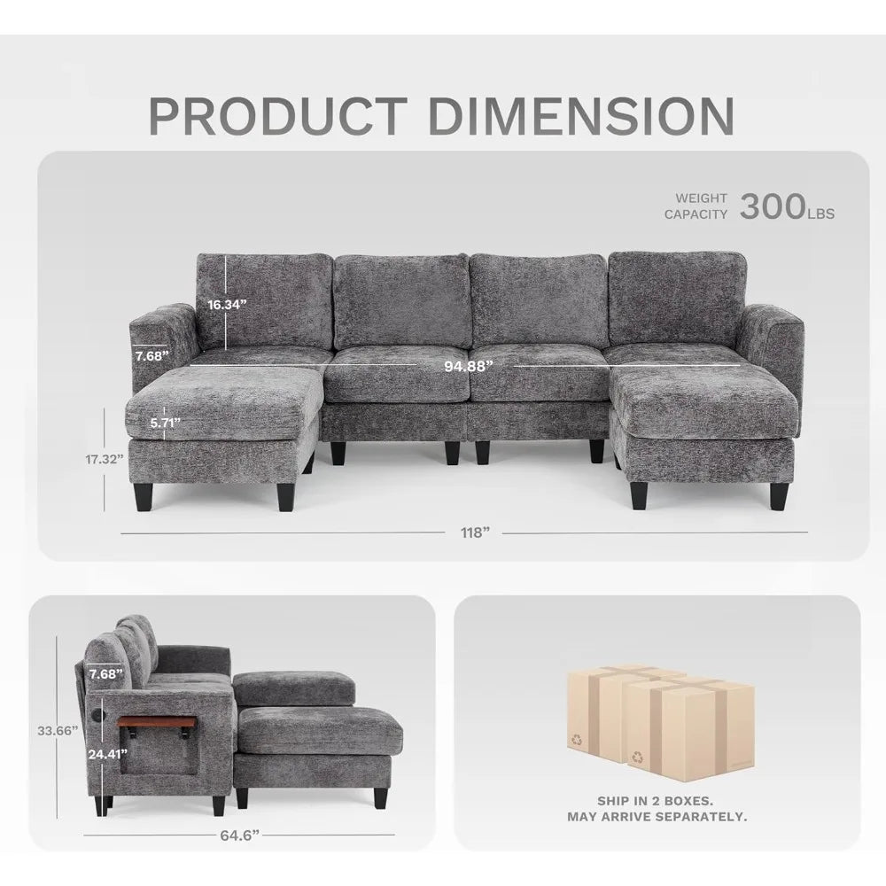 118" U Shaped Sectional Couches,4 Seat Modular Sofa with 2 Ottoman and Foldable Side Table for Living Room,Grey