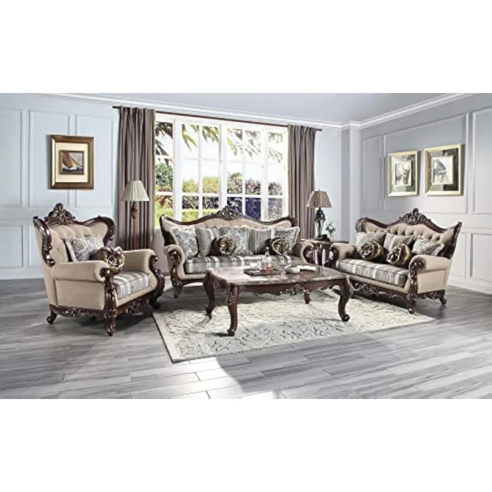 Upholstered Sofa ,Sofa With 7 Pillows In Light Brown Fabric And Cherry