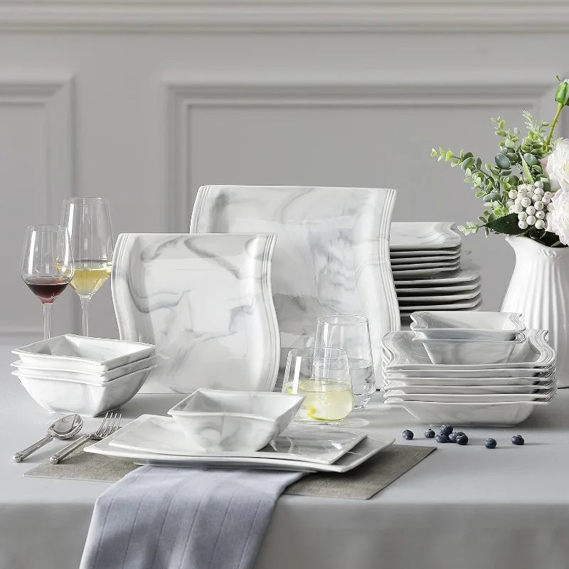 Porcelain Dinnerware Sets, Modern Square Dinner Set Plates and Bowls for Dessert, Salad and Pasta,