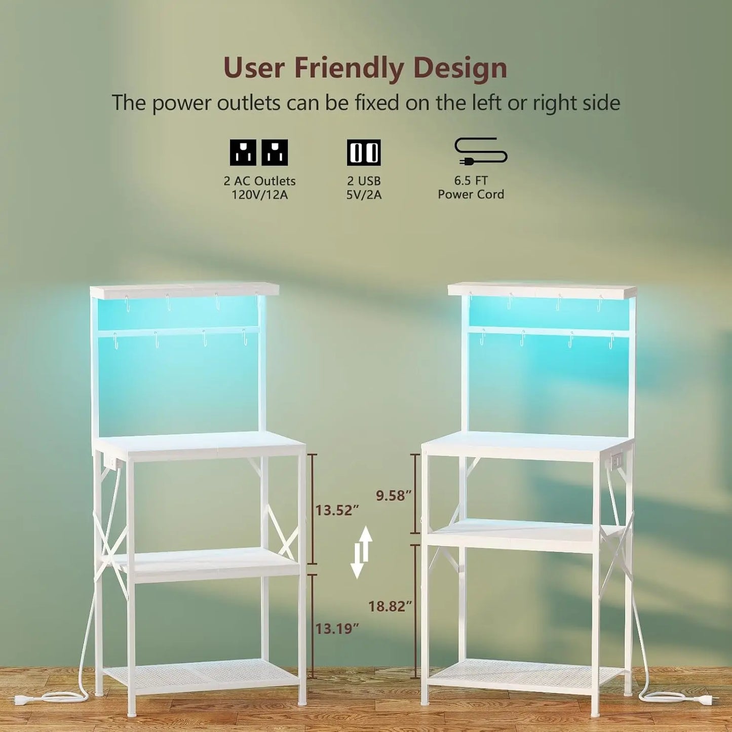 Kitchen Bakers Rack with Power Outlet & LED Lights 4 Tiers Microwave Stand with 8 Hooks Coffee Station