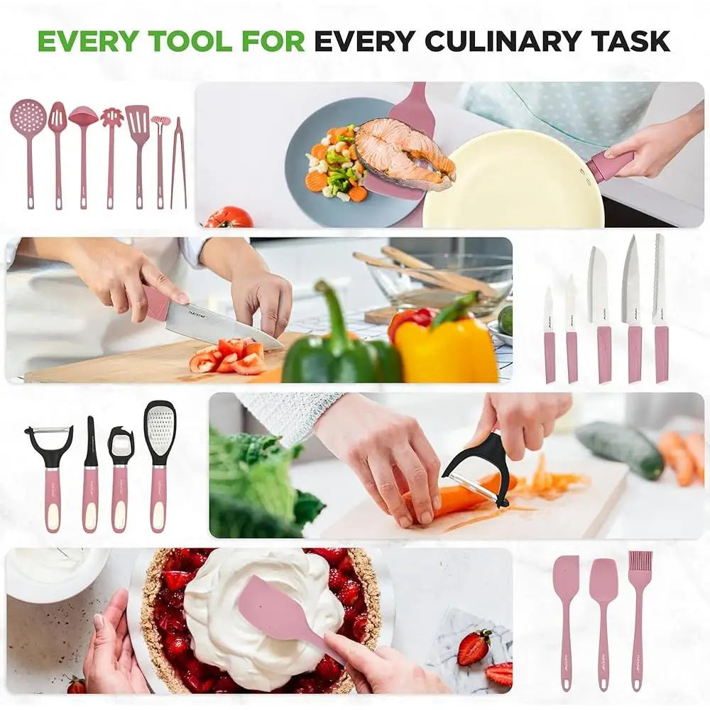 Complete Kitchen Cookware Set Non Stick Ceramic Pots Pans Utensils Bakeware Knife Cutting Boards All Cooktops