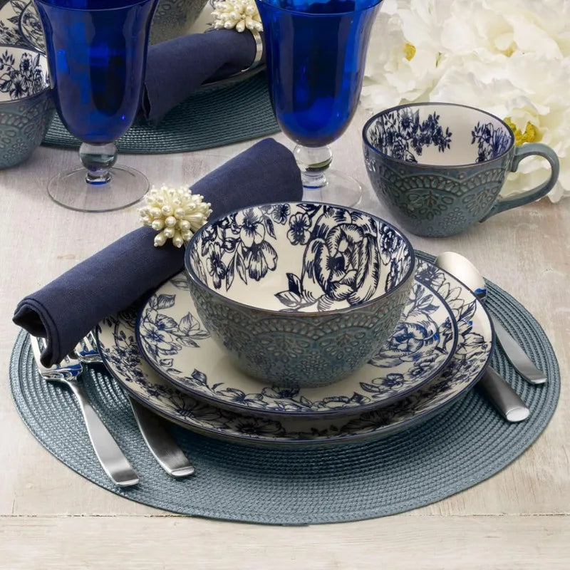 Gabriela Blue 16-Piece Dinnerware Set, Service for 4