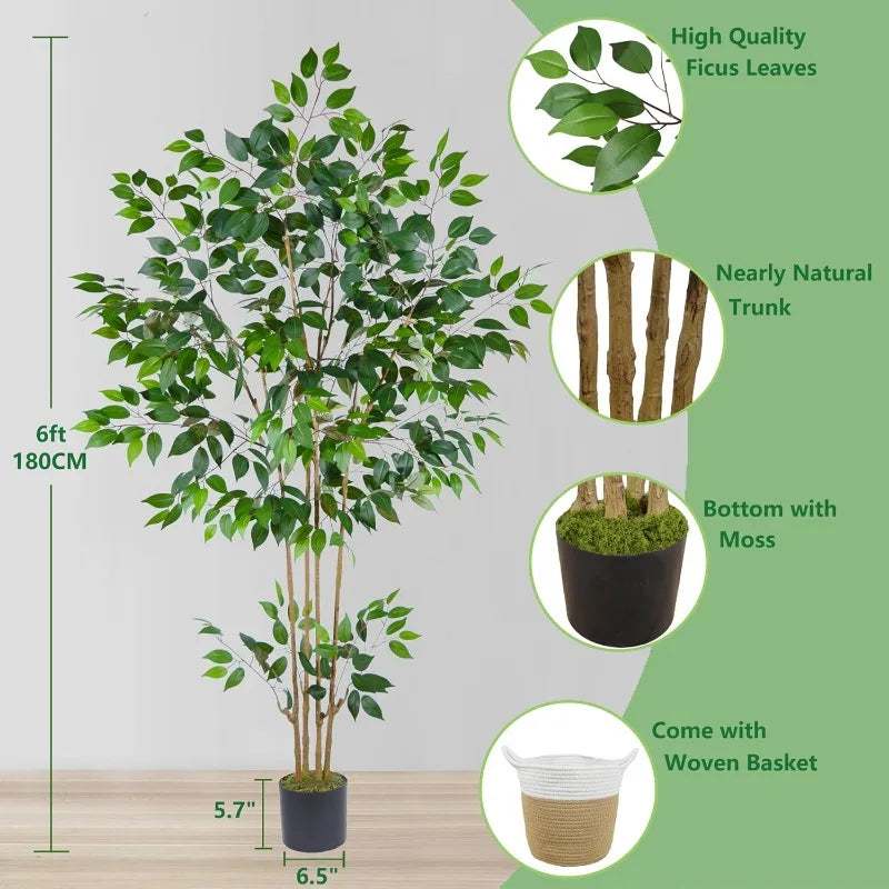 Artificial Ficus Tree, 6ft Tall Silk Fake Ficus Leaves Plant with Basket, Indoor Outdoor