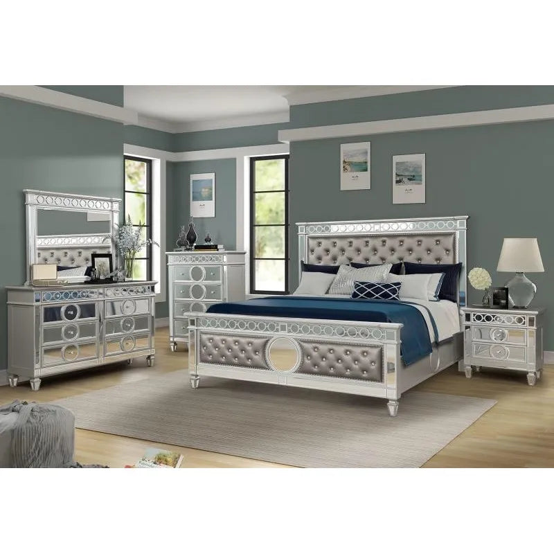Mirrored 4 PCS Queen/King Bed includ( Queen/King Bed + 1 Nightstand + Dresser + Mirror)