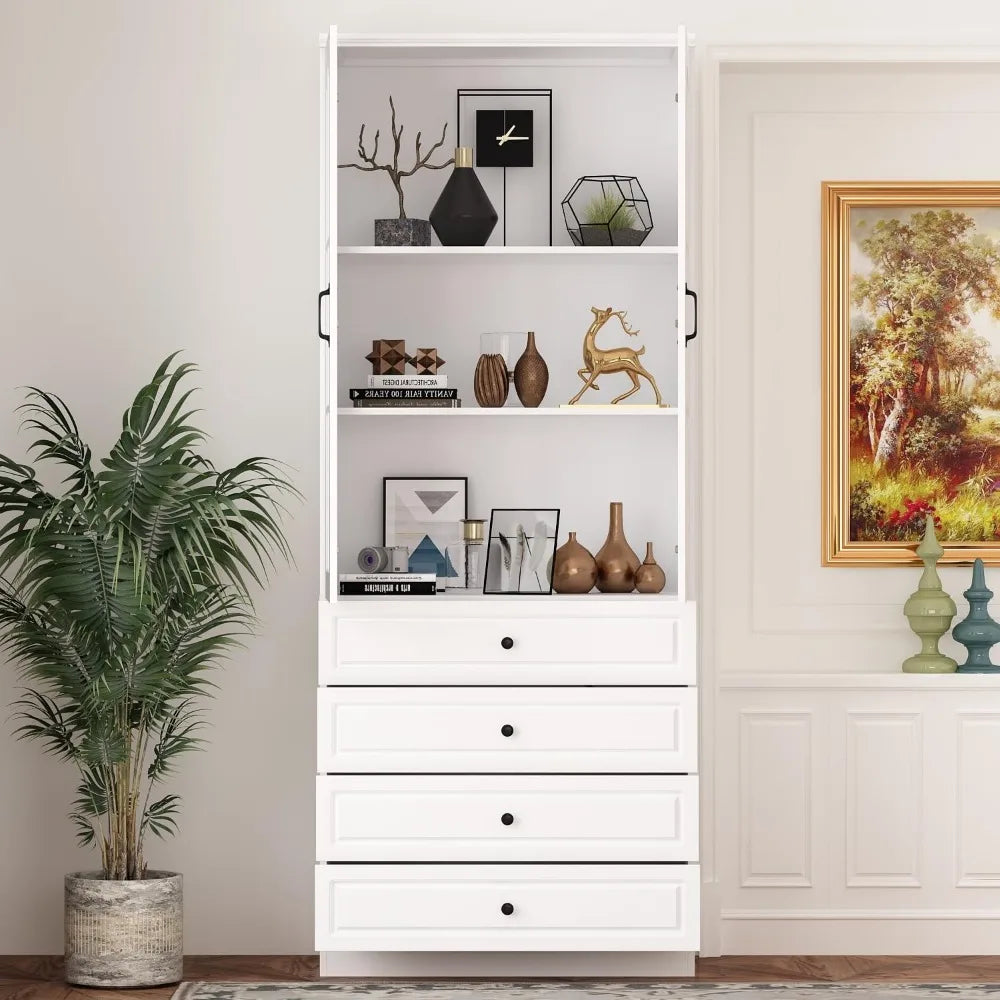 Tall Bookcase Bookshelf with 3-Tier Shelves & 2 Carved Glass Doors, Wooden Display Storage Cabinet with 4 Drawers for Home