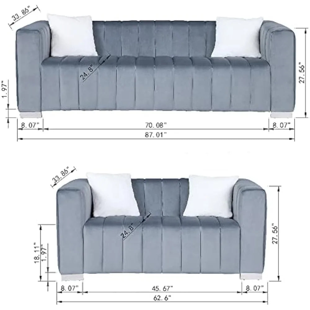 Modern Sofa Couch 2 Set for Living Room, Velvet Chesterfield 2-Pcs Upholstered Sofa