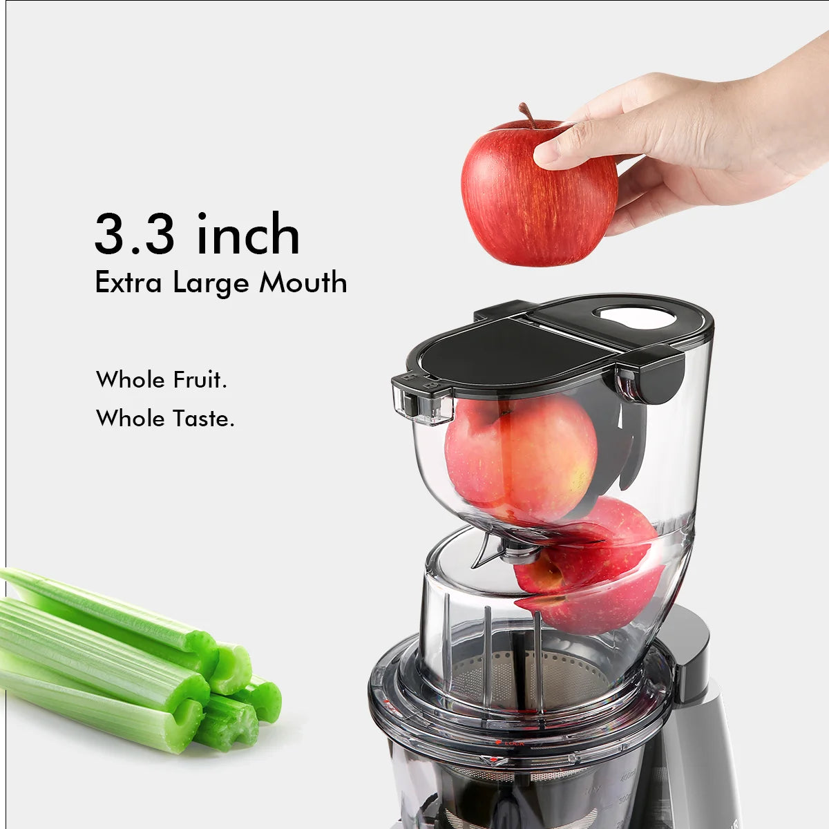 SiFENE Cold Press Juicer Machine, Large 3.3in Feed Chute, High Juice Yield, Quiet Operation, Easy to Clean, Gray