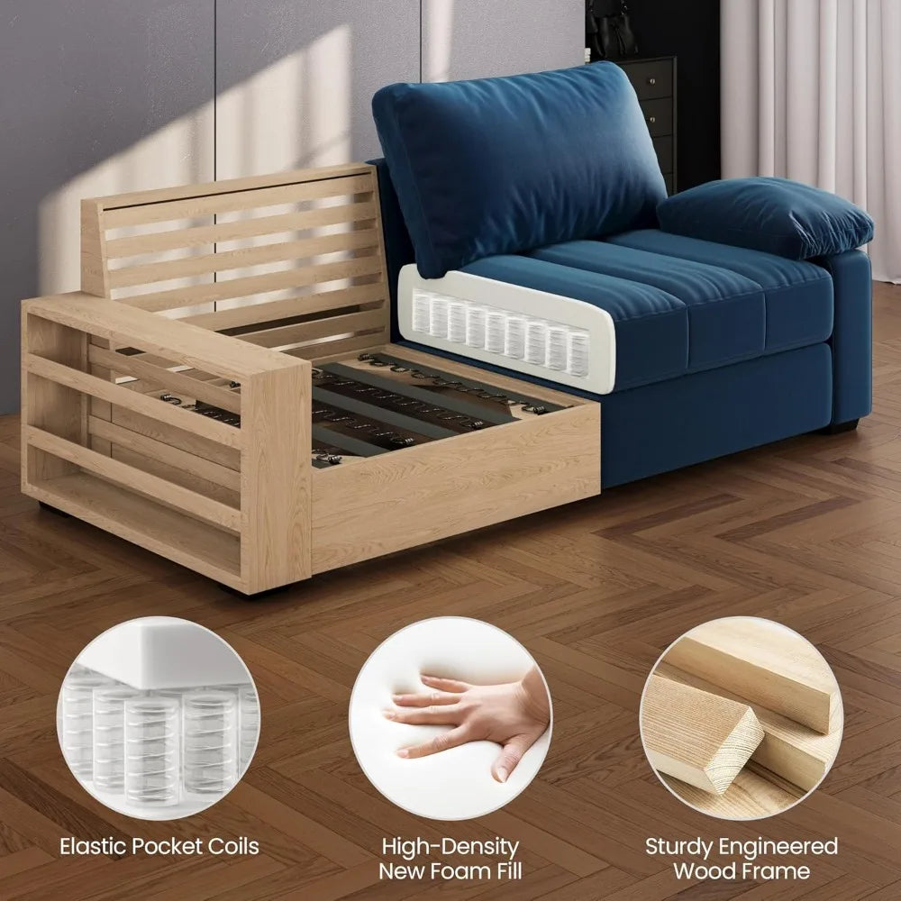 Velvet Living Room Sofa, Modern Recliner Couch with Pocket Coils Storage Pockets