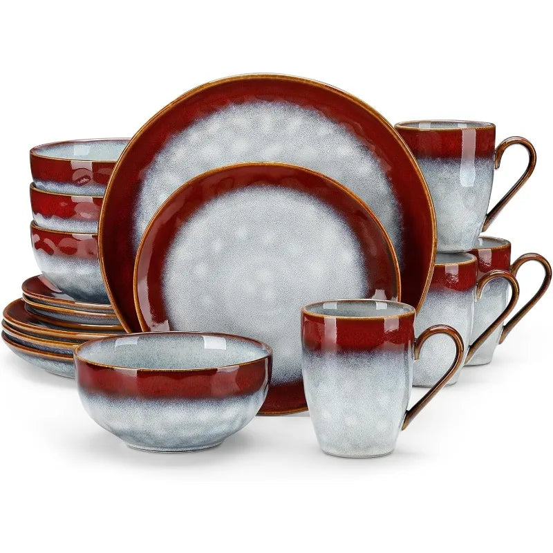 Red Dinnerware Set, Reactive Glaze Dinner Sets, Plates and Bowls Set for 4, 16 Pcs Ceramic Dish Set Stoneware