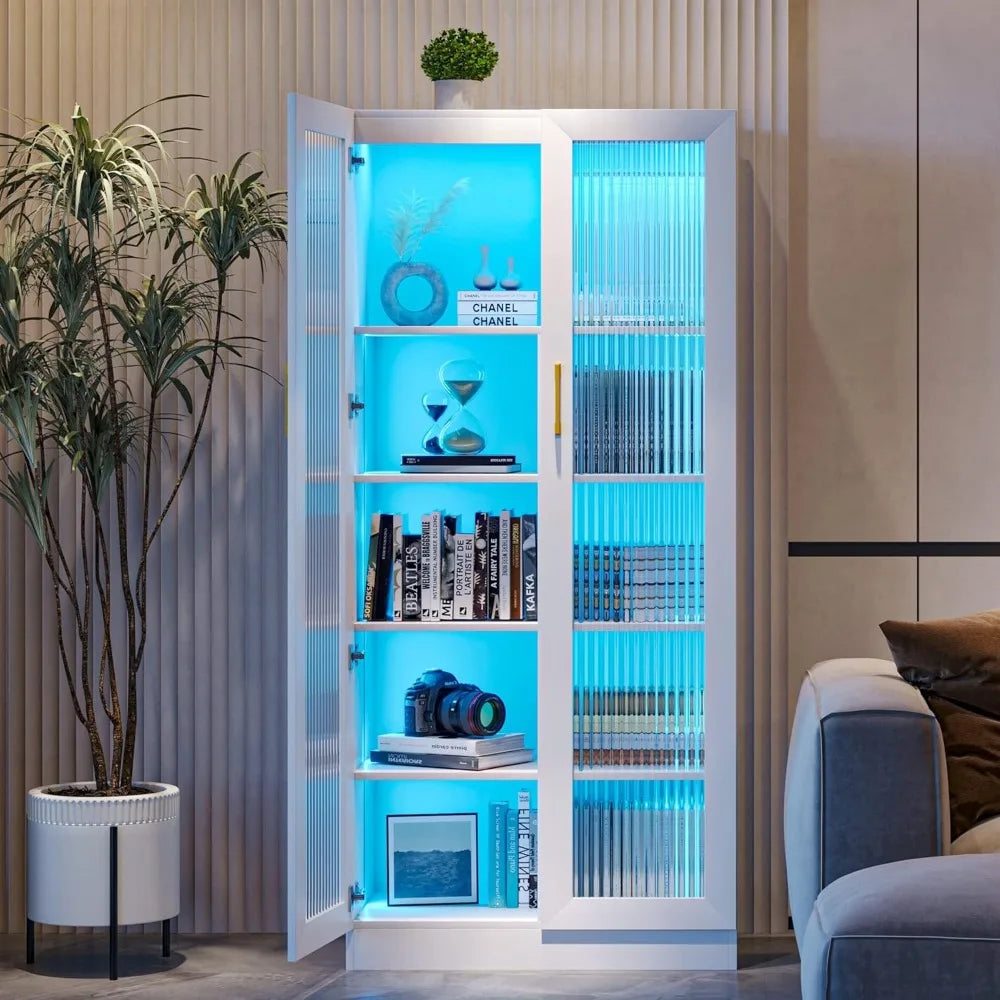 Storage Cabinet with LED Lights, Tall Bookcase Modern Bookshelf White Display Curio Cabinet with 2 Doors and 5-Tier Shelves