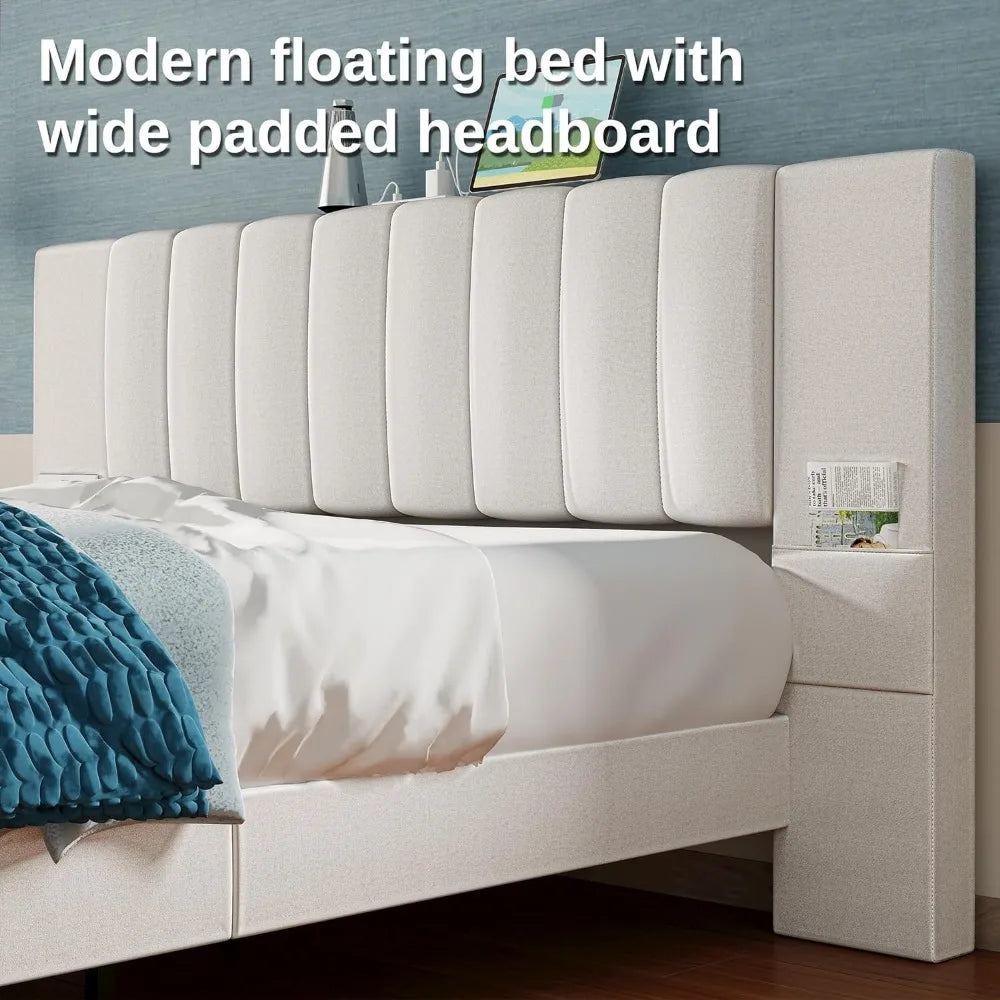 Floating Bed Frame King Size with Wide Padded Headboard & LED Lights & Charging Station, Modern