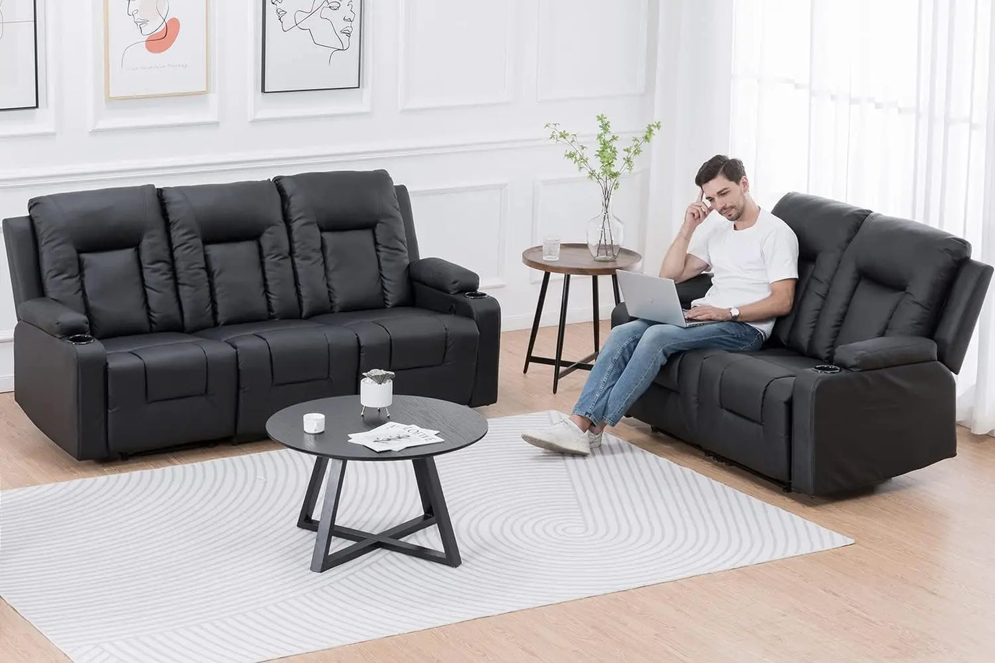 Recline Chair Set Furniture 2PC Bonded Leather Recliner Set Living Room Set Sofa Loveseat Black Living Room