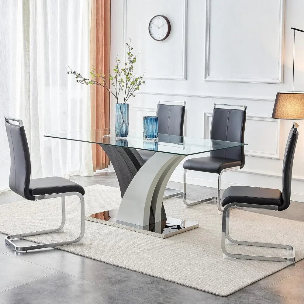 Dining Table and Chairs, 63 Inch, Modern Dining Table with 4 Leather Chairs,