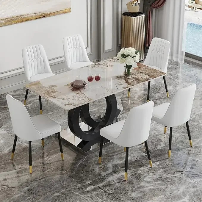 Dining Table Set for 6, PDLB Marble Tabletop & MDF Base, Glass Tables with 6 PU Leather Upholstered Chairs, Dining Room Set