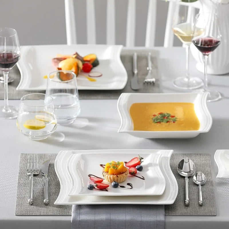 Porcelain Dinnerware Sets, Modern Square Dinner Set Plates and Bowls for Dessert, Salad and Pasta,