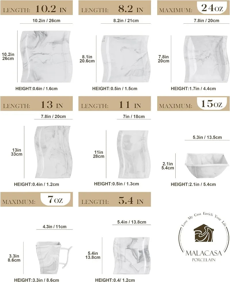 Porcelain Dinnerware Sets, Modern Square Dinner Set Plates and Bowls for Dessert, Salad and Pasta,