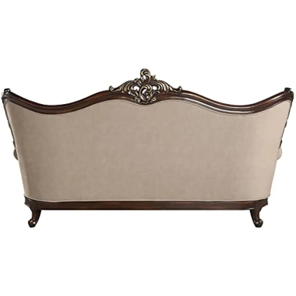 Upholstered Sofa ,Sofa With 7 Pillows In Light Brown Fabric And Cherry