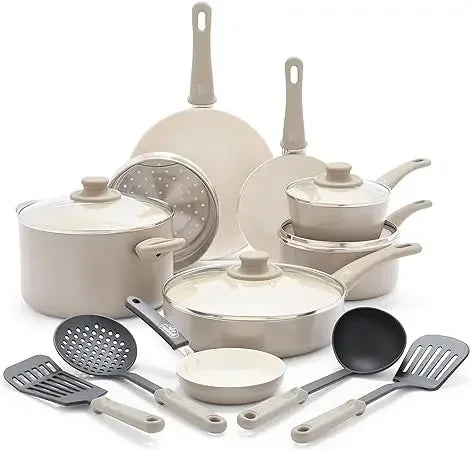 Soft Grip Healthy Ceramic Nonstick, 16 Piece Cookware Pots and Pans Set,