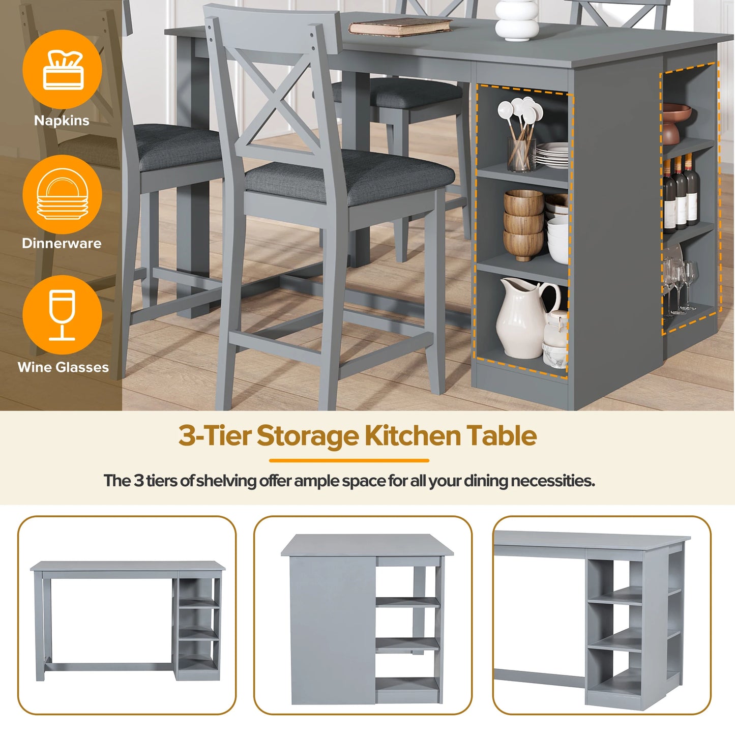 Wood Farmhouse Counter Height Dining Table Set with 3-Tier Storage Shelves,