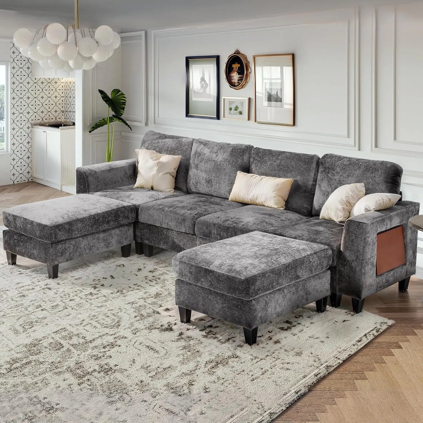 118" U Shaped Sectional Couches,4 Seat Modular Sofa with 2 Ottoman and Foldable Side Table for Living Room,Grey