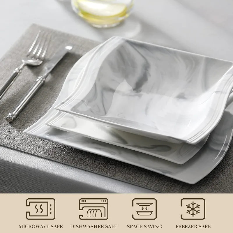 Porcelain Dinnerware Sets, Modern Square Dinner Set Plates and Bowls for Dessert, Salad and Pasta,