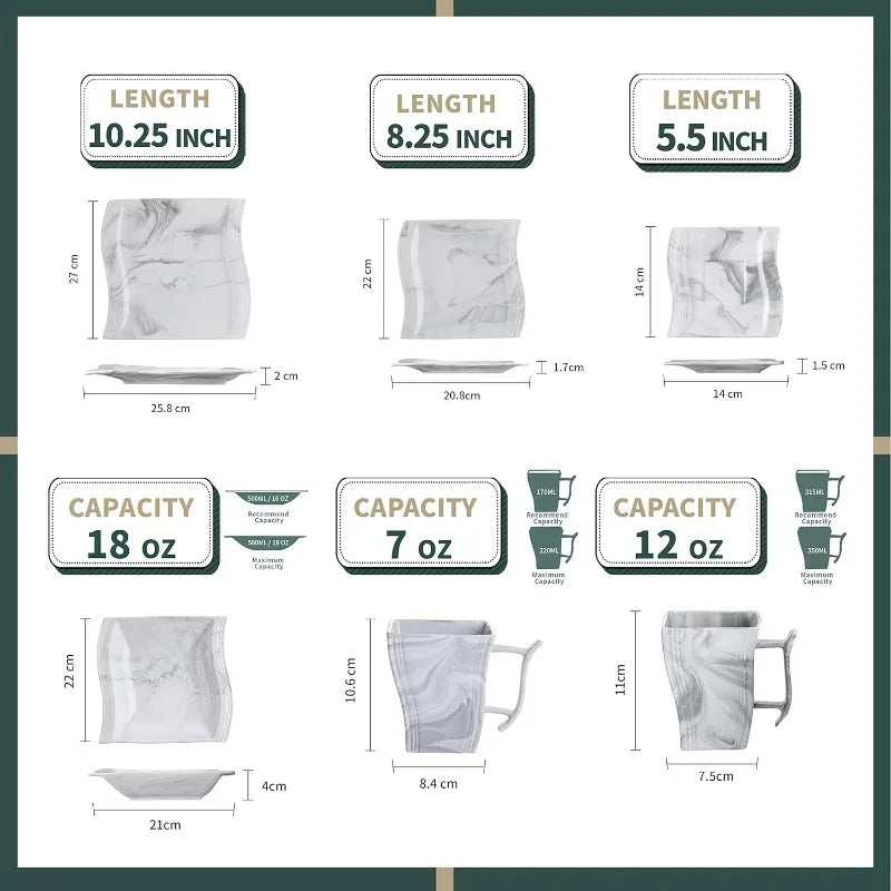 Porcelain Dinnerware Sets, Modern Square Dinner Set Plates and Bowls for Dessert, Salad and Pasta,