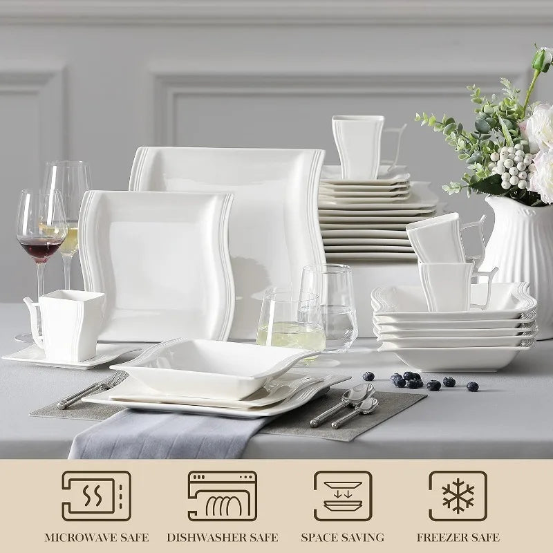Porcelain Dinnerware Sets, Modern Square Dinner Set Plates and Bowls for Dessert, Salad and Pasta,