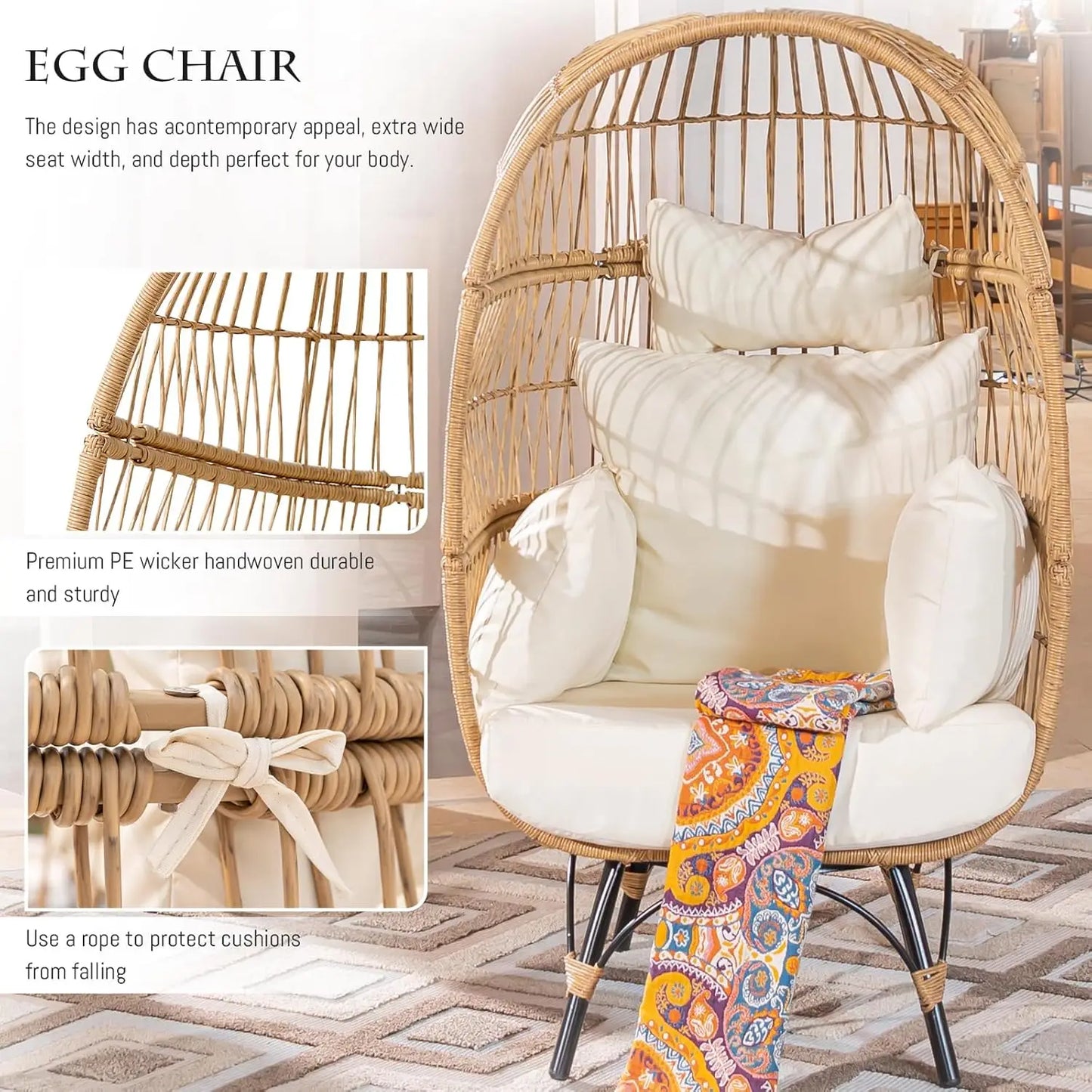 Furniture Outdoor Bistro Chair Set with Large Egg Chair and Round Tempered Glass Table, Great